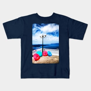 Santorini Red And Blue Umbrellas Kids T-Shirt